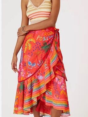 Farm Rio L Good Vibes Red Tropical Wrap Skirt with Rainbow Trim